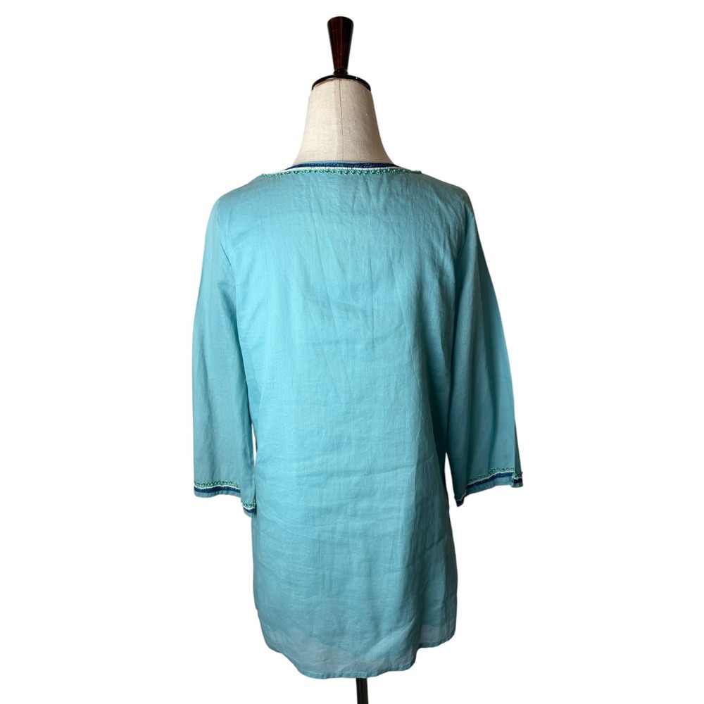 Journal Embroidered Tunic Women 6 Turquoise Blue Beaded Boho Cotton Top Cottage - Picture 3 of 13